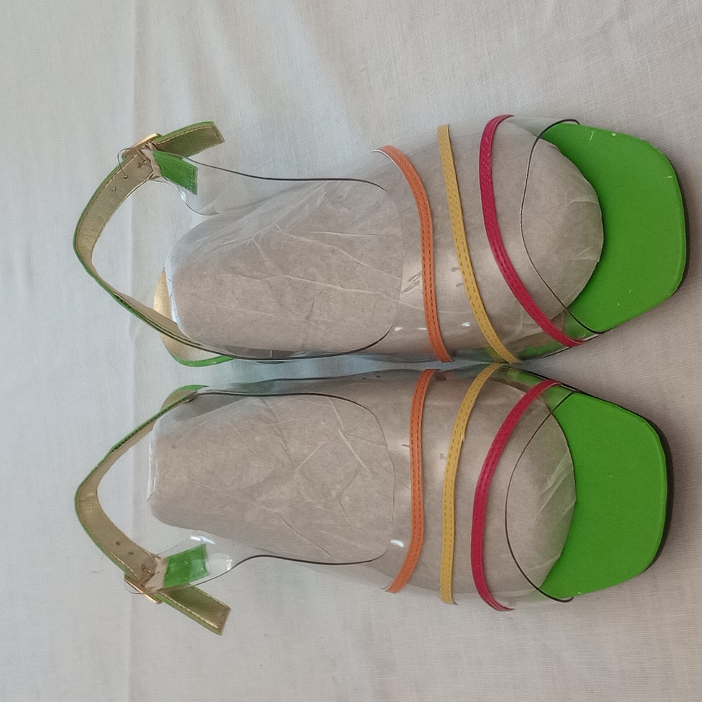 Annie strappy sandals, multi colored, few defective chips on heel and sole edges